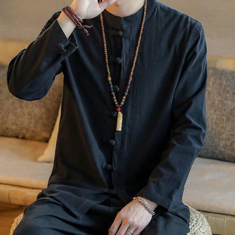 Koszula męska z długim rękawem i stójką w stylu casual z Buddha Stones i guzikami żabki - image 9
