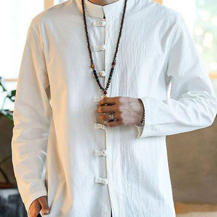 Koszula męska z długim rękawem i stójką w stylu casual z Buddha Stones, guzikami żabki i lnianym garniturem - image 2