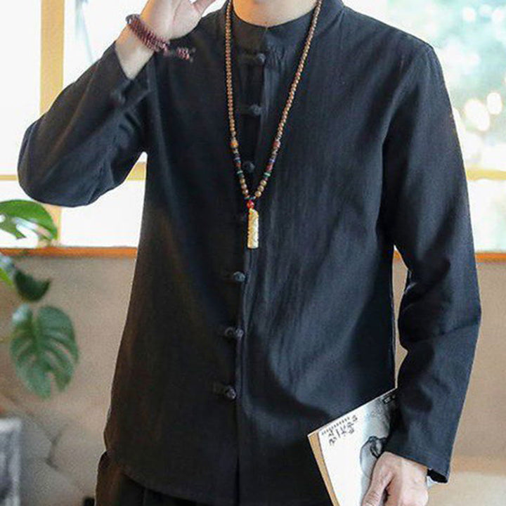 Koszula męska z długim rękawem i stójką w stylu casual z Buddha Stones, guzikami żabki i lnianym garniturem - image 8