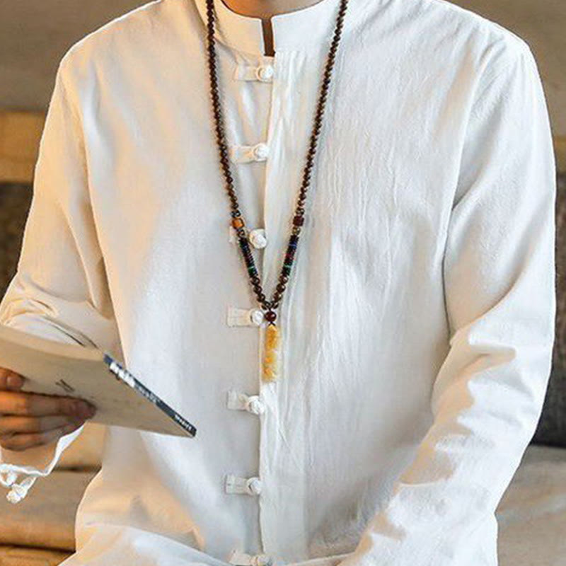 Koszula męska z długim rękawem i stójką w stylu casual z Buddha Stones, guzikami żabki i lnianym garniturem - image 4