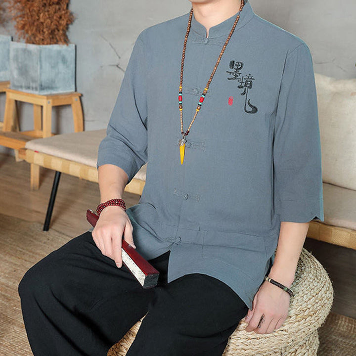 Kamienie Buddha Stones -Guzik Chiński Tang Suit Trzy Czwarte Rękawy Bawełna Lniana Męska Koszula