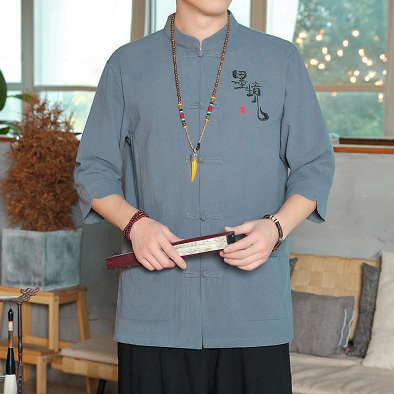 Kamienie Buddha Stones -Guzik Chiński Tang Suit Trzy Czwarte Rękawy Bawełna Lniana Męska Koszula