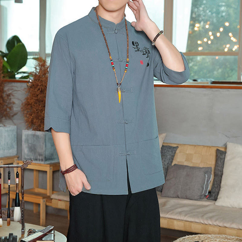 Kamienie Buddha Stones -Guzik Chiński Tang Suit Trzy Czwarte Rękawy Bawełna Lniana Męska Koszula - image 2