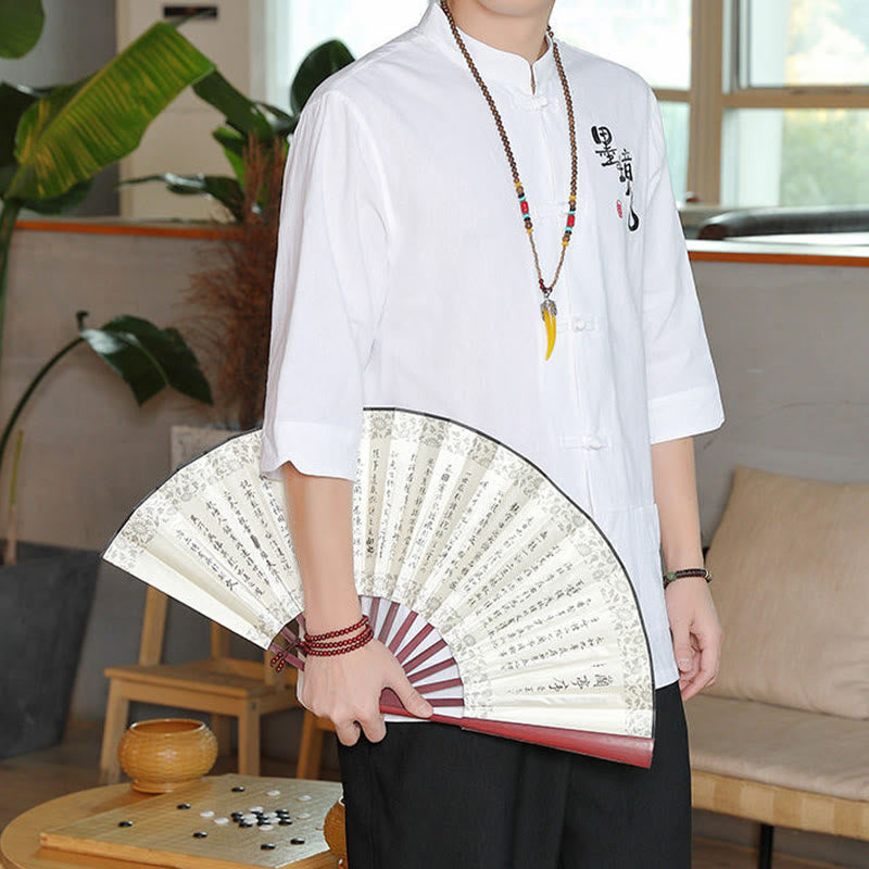 Kamienie Buddha Stones -Guzik Chiński Tang Suit Trzy Czwarte Rękawy Bawełna Lniana Męska Koszula - image 8