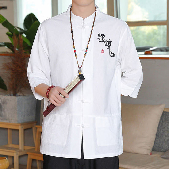 Kamienie Buddha Stones -Guzik Chiński Tang Suit Trzy Czwarte Rękawy Bawełna Lniana Męska Koszula - image 6