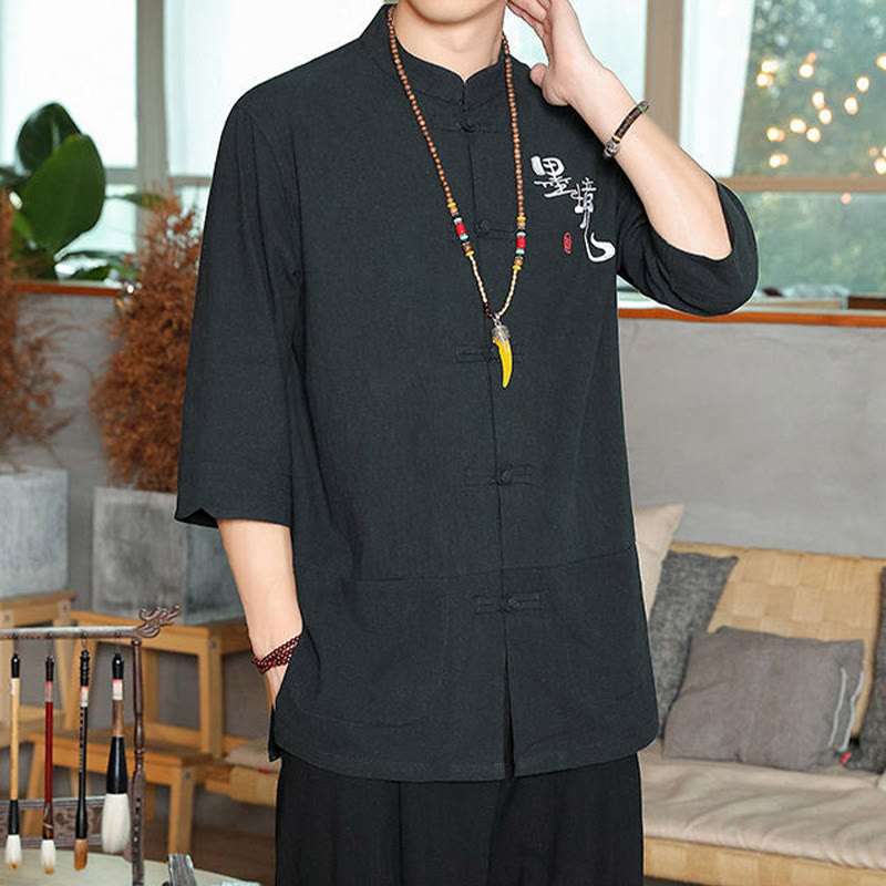 Kamienie Buddha Stones -Guzik Chiński Tang Suit Trzy Czwarte Rękawy Bawełna Lniana Męska Koszula - image 14