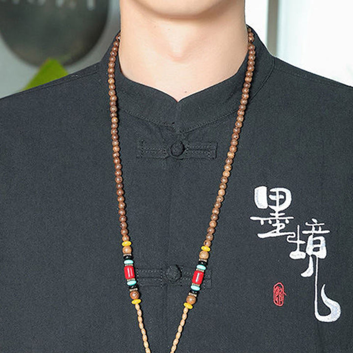 Kamienie Buddha Stones -Guzik Chiński Tang Suit Trzy Czwarte Rękawy Bawełna Lniana Męska Koszula
