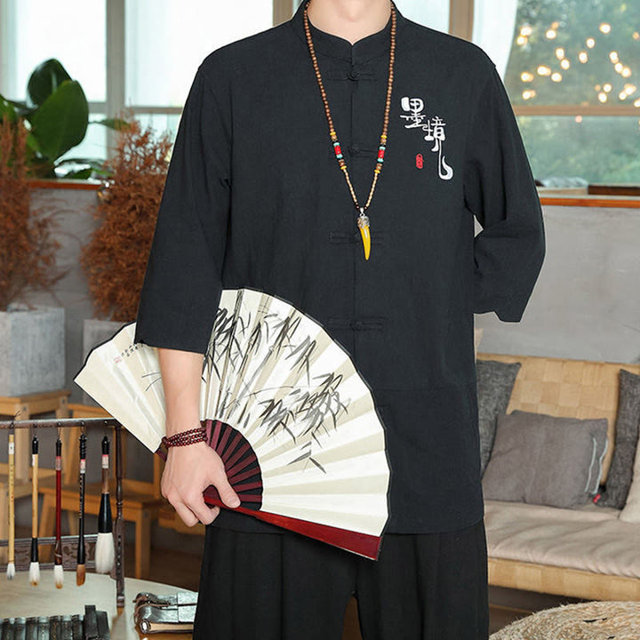 Kamienie Buddha Stones -Guzik Chiński Tang Suit Trzy Czwarte Rękawy Bawełna Lniana Męska Koszula - image 13