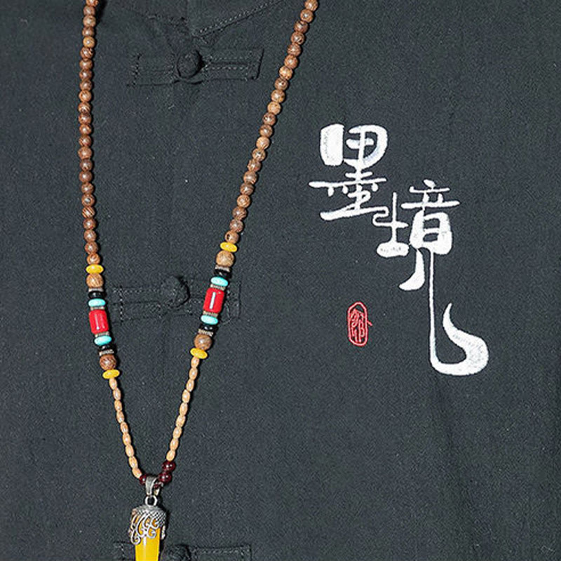 Kamienie Buddha Stones -Guzik Chiński Tang Suit Trzy Czwarte Rękawy Bawełna Lniana Męska Koszula