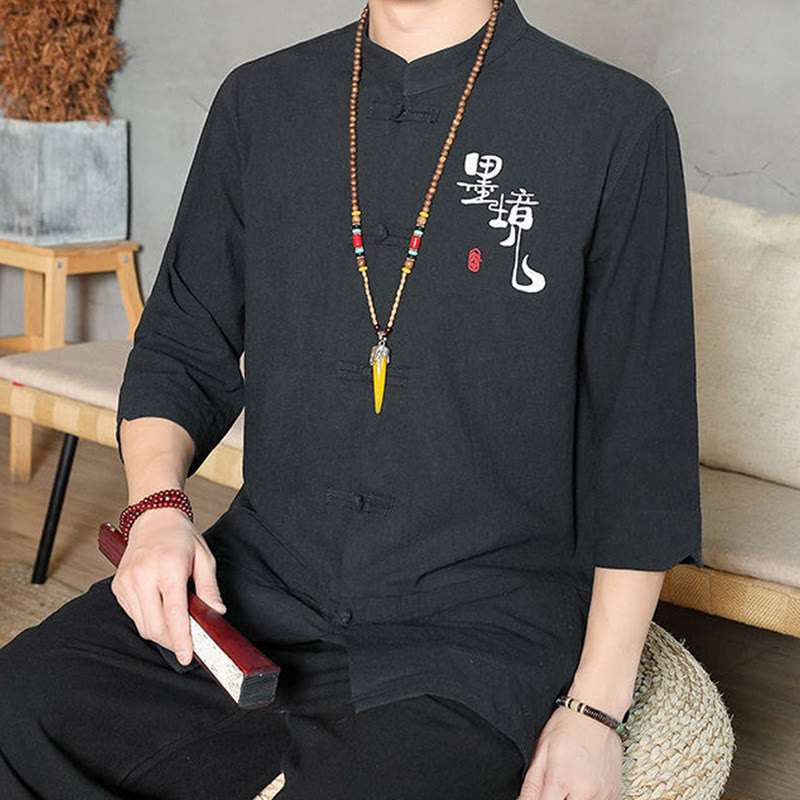 Kamienie Buddha Stones -Guzik Chiński Tang Suit Trzy Czwarte Rękawy Bawełna Lniana Męska Koszula - image 15