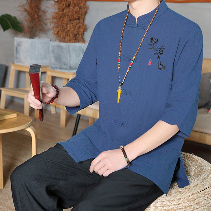 Kamienie Buddha Stones -Guzik Chiński Tang Suit Trzy Czwarte Rękawy Bawełna Lniana Męska Koszula - image 26