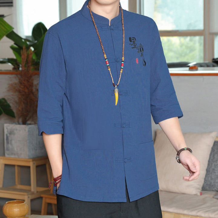 Kamienie Buddha Stones -Guzik Chiński Tang Suit Trzy Czwarte Rękawy Bawełna Lniana Męska Koszula