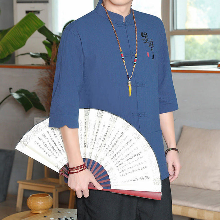Kamienie Buddha Stones -Guzik Chiński Tang Suit Trzy Czwarte Rękawy Bawełna Lniana Męska Koszula - image 23