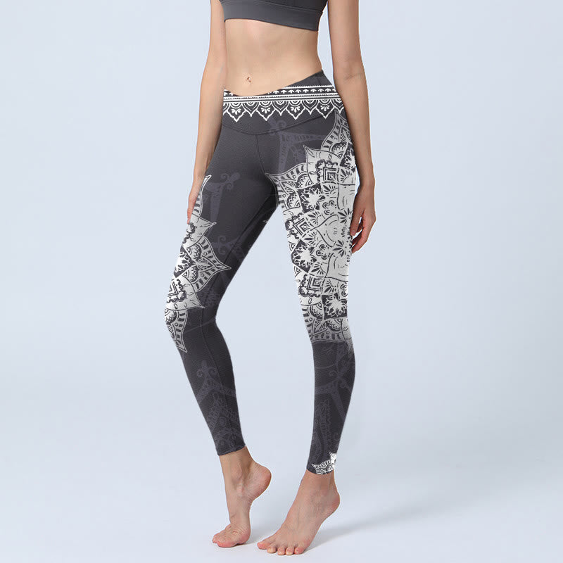 Buddha Stones Czarne Mandale Kwiaty Nadruk Legginsy Ćwiczenia Damskie Spodnie Do Jogi - Czarny - US18, UK/AU22, EU50 (4XL) - image 1