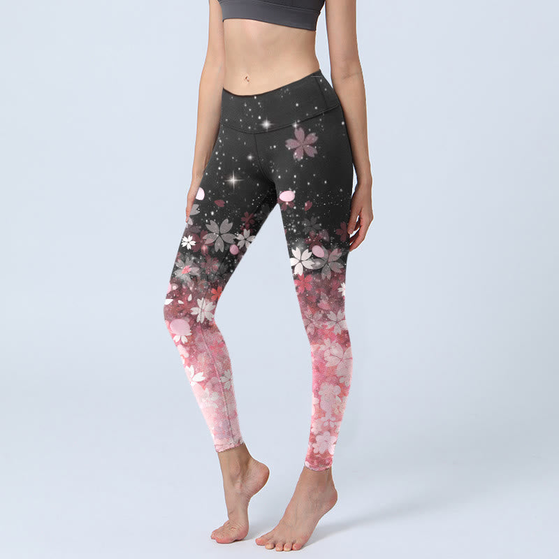 Buddha Stones Różowe Kwiaty Wiśniowe Nadruk Legginsy Ćwiczenia Damskie Spodnie Do Jogi - Czarny - US18, UK/AU22, EU50 (4XL) - image 0