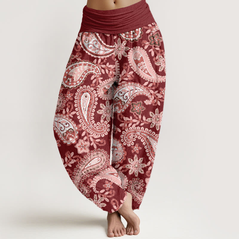 Spodnie haremowe damskie z elastycznym pasem i bawełnianą, swobodną talią i wzorem paisley z motywem Buddha Stones - Brązowy - US22, UK/AU26, EU54 (6XL) - image 0