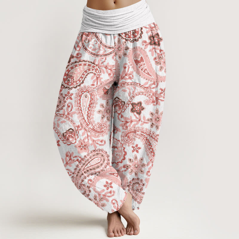 Spodnie haremowe damskie z elastycznym pasem i bawełnianą, swobodną talią i wzorem paisley z motywem Buddha Stones - Śnieg - US22, UK/AU26, EU54 (6XL) - image 4