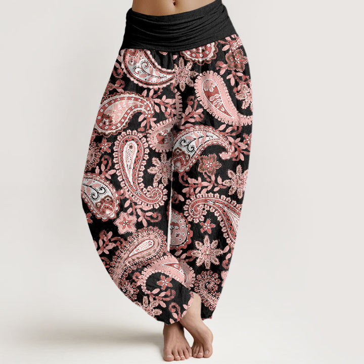 Spodnie haremowe damskie z elastycznym pasem i wzorem Paisley w stylu Buddha Stones - Czarny - US22, UK/AU26, EU54 (6XL) - image 8