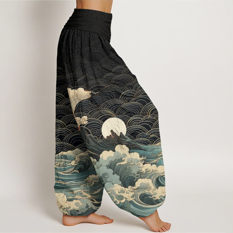 Buddha Stones Casual Wave Moon Mountain Pattern Damskie spodnie haremowe z elastyczną talią - image 1