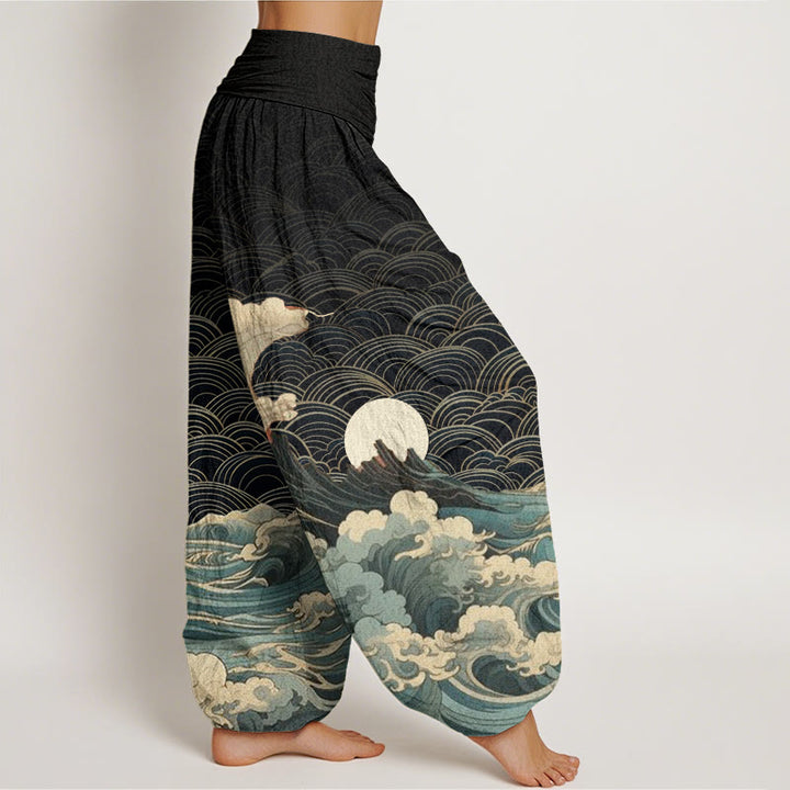 Buddha Stones Casual Wave Moon Mountain Pattern Damskie spodnie haremowe z elastyczną talią - image 1