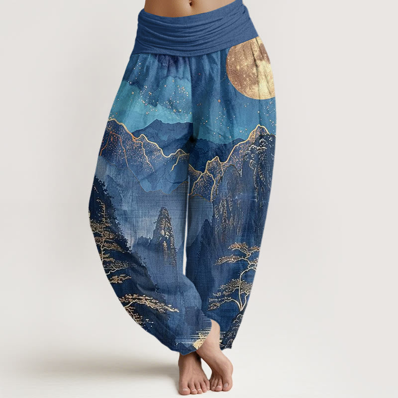 Buddha Stones Casual Pełnia Księżyca Góry Drzewa Rzeka Wzór Damskie Spodnie Harem Elastyczna Talia - Stalowoniebieski - US22, UK/AU26, EU54 (6XL) - image 1