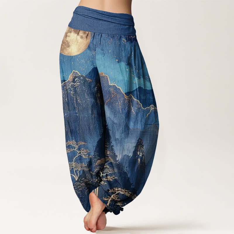 Buddha Stones Casual Pełnia Księżyca Góry Drzewa Rzeka Wzór Damskie Spodnie Harem Elastyczna Talia - image 3
