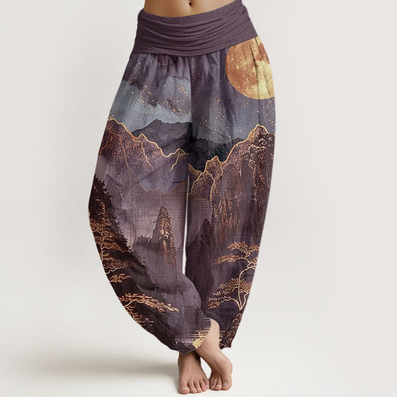 Buddha Stones Casual Pełnia Księżyca Góry Drzewa Rzeka Wzór Damskie Spodnie Harem Elastyczna Talia - Ciemna Magenta - US22, UK/AU26, EU54 (6XL) - image 5