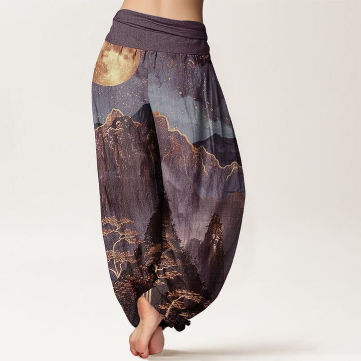 Buddha Stones Casual Pełnia Księżyca Góry Drzewa Rzeka Wzór Damskie Spodnie Harem Elastyczna Talia - image 7