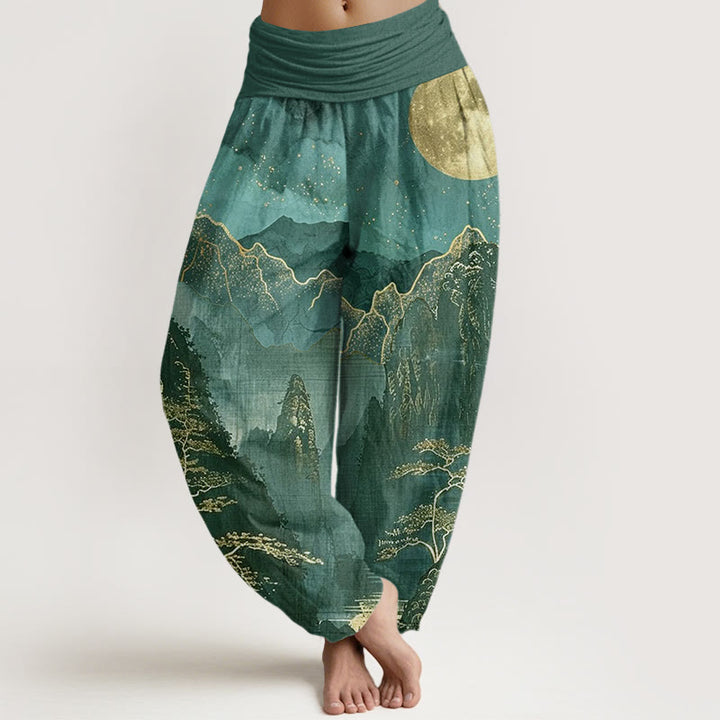 Buddha Stones Casual Pełnia Księżyca Góry Drzewa Rzeka Wzór Damskie Spodnie Harem Elastyczna Talia - Ciemnocyjanowy - US22, UK/AU26, EU54 (6XL) - image 8