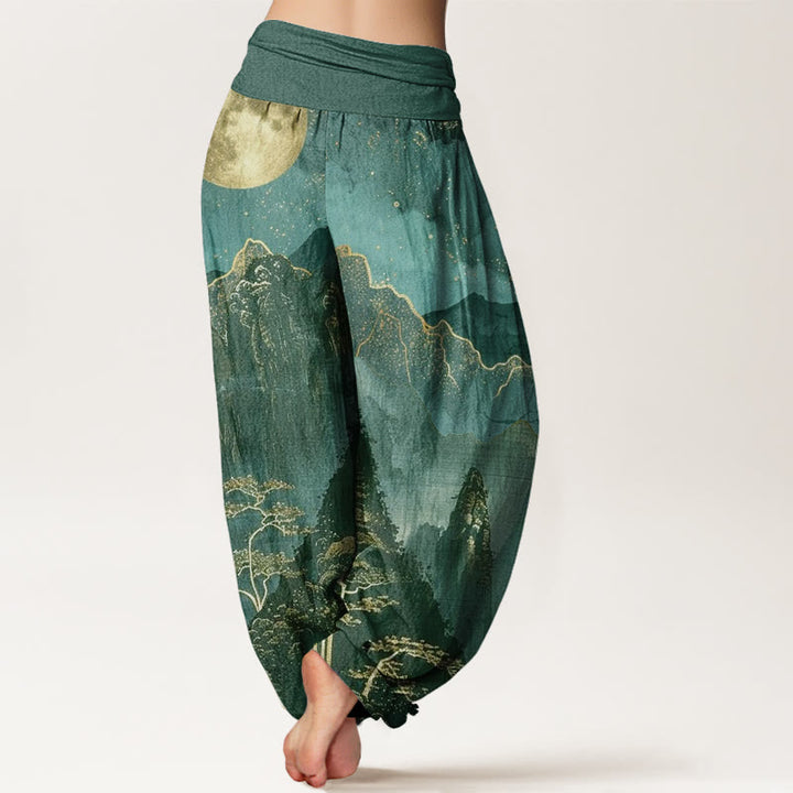 Buddha Stones Casual Pełnia Księżyca Góry Drzewa Rzeka Wzór Damskie Spodnie Harem Elastyczna Talia - image 10