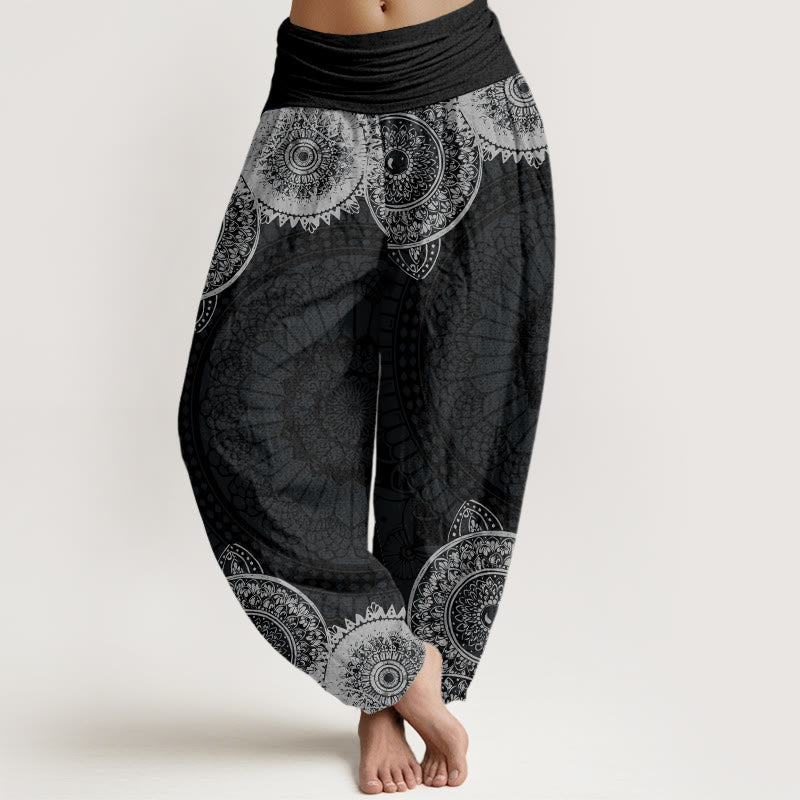Damskie spodnie haremowe z elastyczną talią i okrągłym wzorem mandali z motywem Buddha Stones - Czarny - US22, UK/AU26, EU54 (6XL) - image 0
