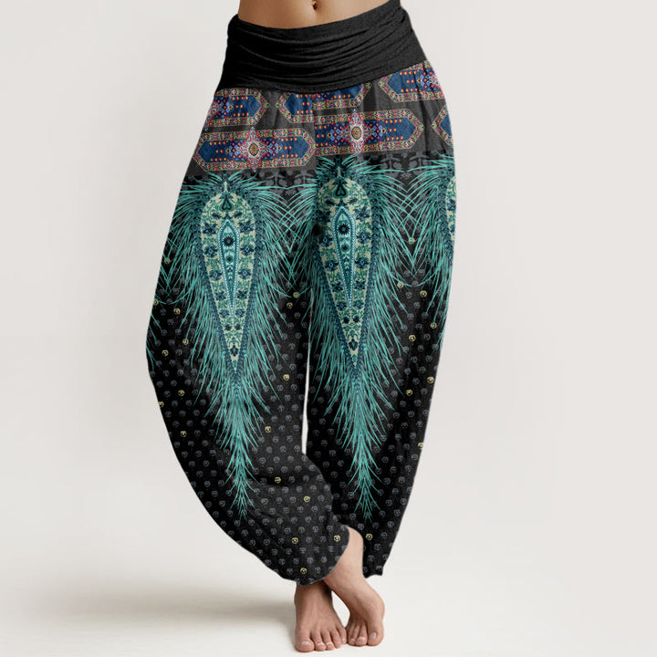 Buddha Stones , inspirowane stylem boho, pióra, damskie spodnie haremowe z elastyczną talią - Czarny - US22, UK/AU26, EU54 (6XL) - image 1