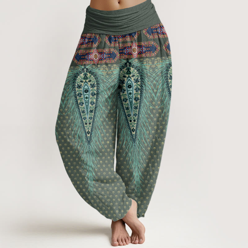 Buddha Stones , inspirowane stylem boho, pióra, damskie spodnie haremowe z elastyczną talią - DarkSeaGreen - US22, UK/AU26, EU54 (6XL) - image 5