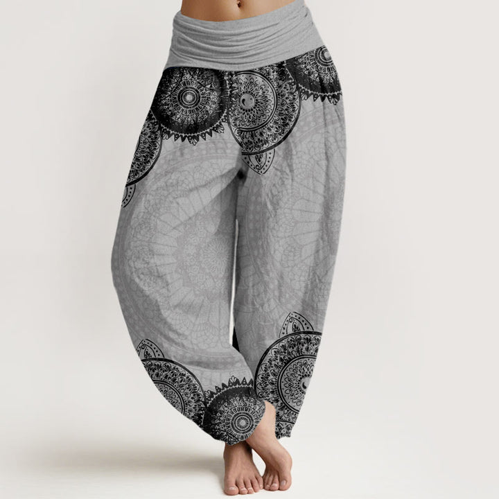 Damskie spodnie haremowe z elastyczną talią i okrągłym wzorem mandali z motywem Buddha Stones - Jasnoszary - US22, UK/AU26, EU54 (6XL) - image 7