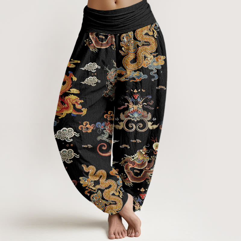Damskie spodnie haremowe z elastyczną talią i bawełnianymi złotymi smokami w pomyślne chmury z motywem Buddha Stones - Czarny - US22, UK/AU26, EU54 (6XL) - image 0
