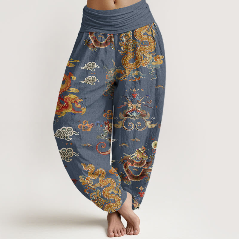 Damskie spodnie haremowe z elastyczną talią i bawełnianymi złotymi smokami w pomyślne chmury z motywem Buddha Stones - Stalowoniebieski - US22, UK/AU26, EU54 (6XL) - image 4