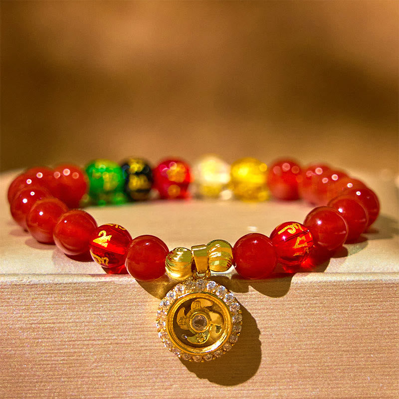 Buddha Stones Czerwony Agat Om Mani Padme Hum Pięć Kierunków Bogowie Bogactwa Cyrkon Cyklon Charm Bransoletka Akceptacji Siebie