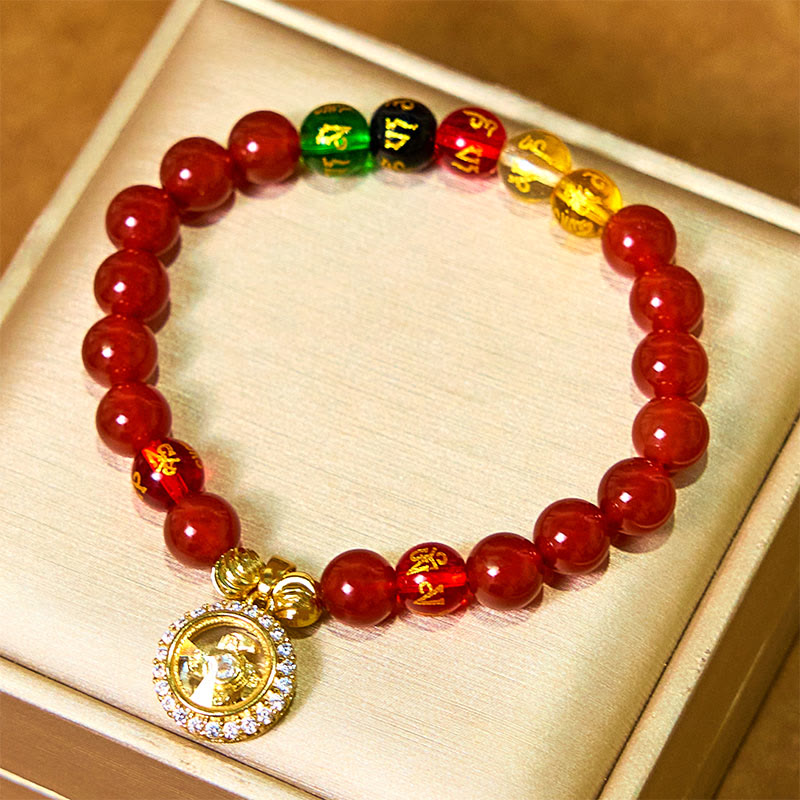 Buddha Stones Czerwony Agat Om Mani Padme Hum Pięć Kierunków Bogowie Bogactwa Cyrkon Cyklon Charm Bransoletka Akceptacji Siebie