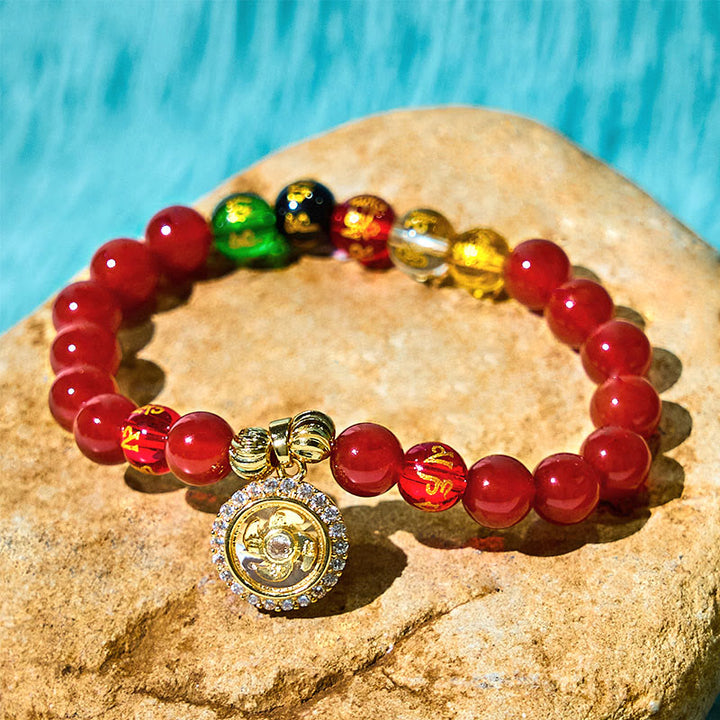 Buddha Stones Czerwony Agat Om Mani Padme Hum Pięć Kierunków Bogowie Bogactwa Cyrkon Cyklon Charm Bransoletka Akceptacji Siebie