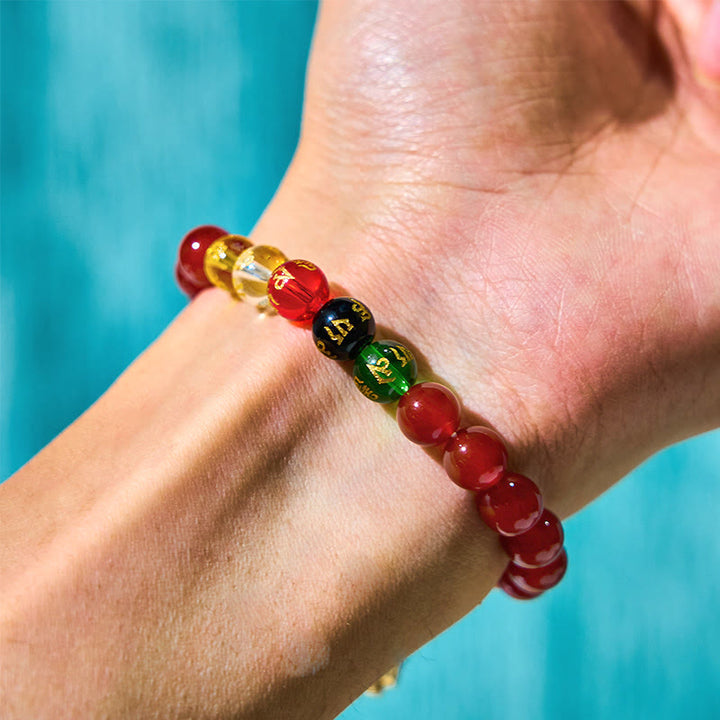Buddha Stones Czerwony Agat Om Mani Padme Hum Pięć Kierunków Bogowie Bogactwa Cyrkon Cyklon Charm Bransoletka Akceptacji Siebie