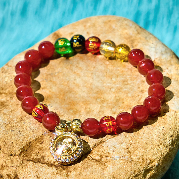 Buddha Stones Czerwony Agat Om Mani Padme Hum Pięć Kierunków Bogowie Bogactwa Cyrkon Cyklon Charm Bransoletka Akceptacji Siebie