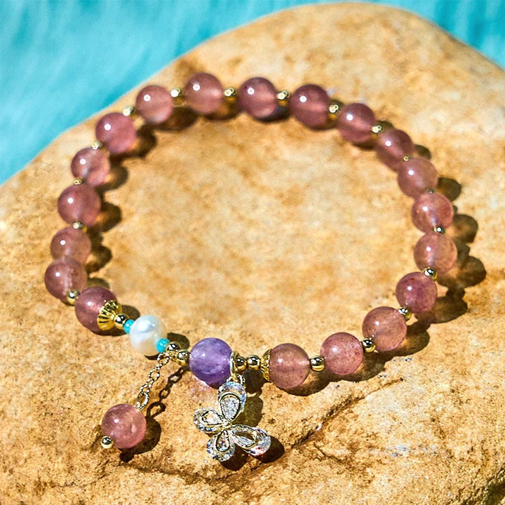 Buddha Stones Naturalny Kwarc Truskawkowy Zielony Kwarc Truskawkowy Motyl Charm Bransoletka Miłość
