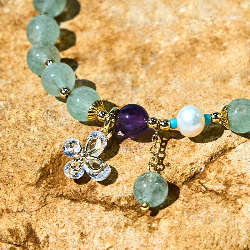 Buddha Stones Naturalny Kwarc Truskawkowy Zielony Kwarc Truskawkowy Motyl Charm Bransoletka Miłość