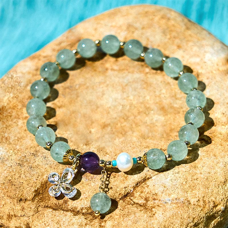 Buddha Stones Naturalny Kwarc Truskawkowy Zielony Kwarc Truskawkowy Motyl Charm Bransoletka Miłość