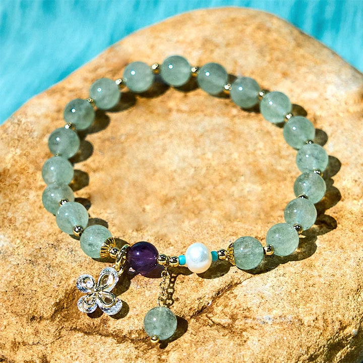 Buddha Stones Naturalny Kwarc Truskawkowy Zielony Kwarc Truskawkowy Motyl Charm Bransoletka Miłość