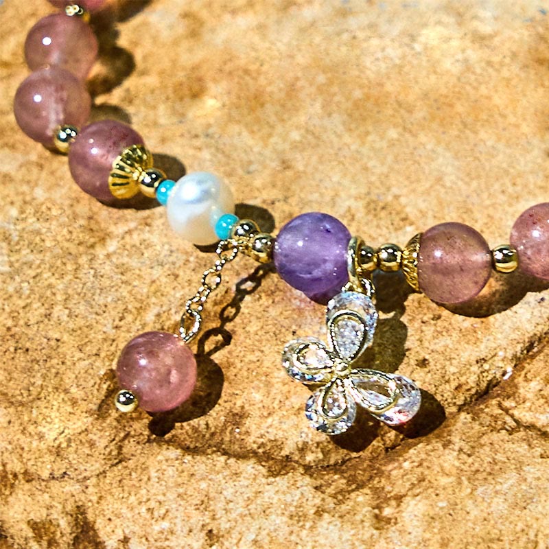 Buddha Stones Naturalny Kwarc Truskawkowy Zielony Kwarc Truskawkowy Motyl Charm Bransoletka Miłość