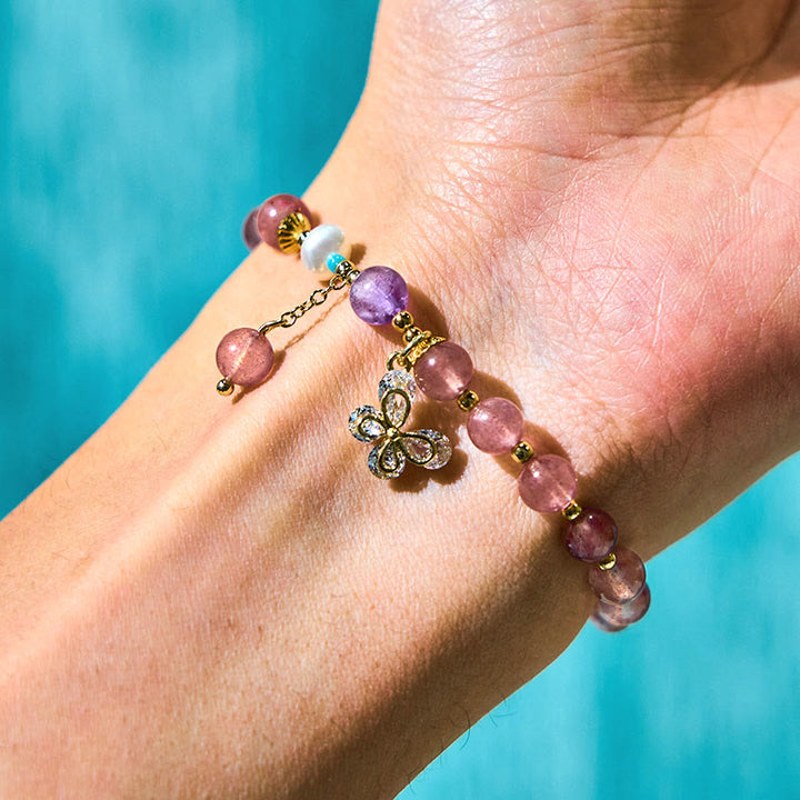 Buddha Stones Naturalny Kwarc Truskawkowy Zielony Kwarc Truskawkowy Motyl Charm Bransoletka Miłość