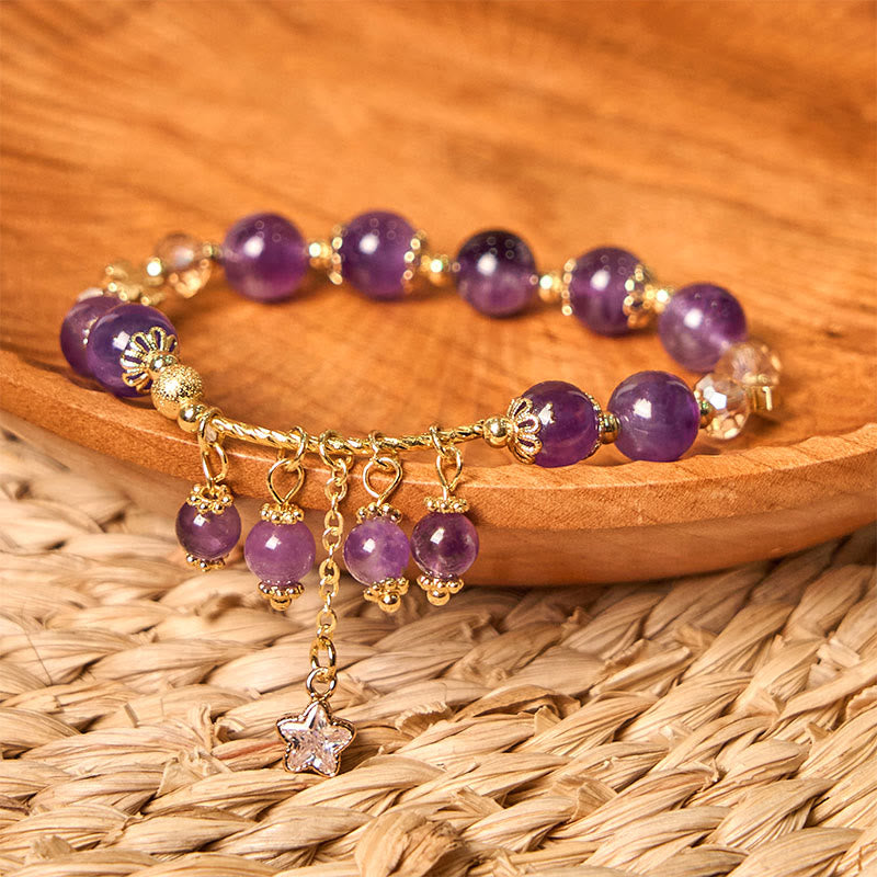 Bransoletka Buddha Stones Natural Amethyst Four Leaf Clover Star Peace