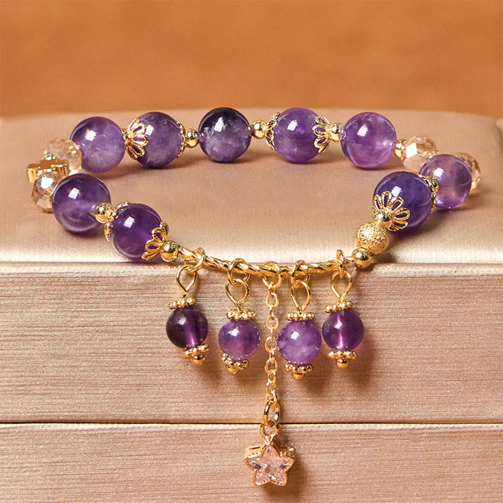 Bransoletka Buddha Stones Natural Amethyst Four Leaf Clover Star Peace
