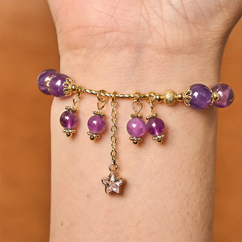 Bransoletka Buddha Stones Natural Amethyst Four Leaf Clover Star Peace